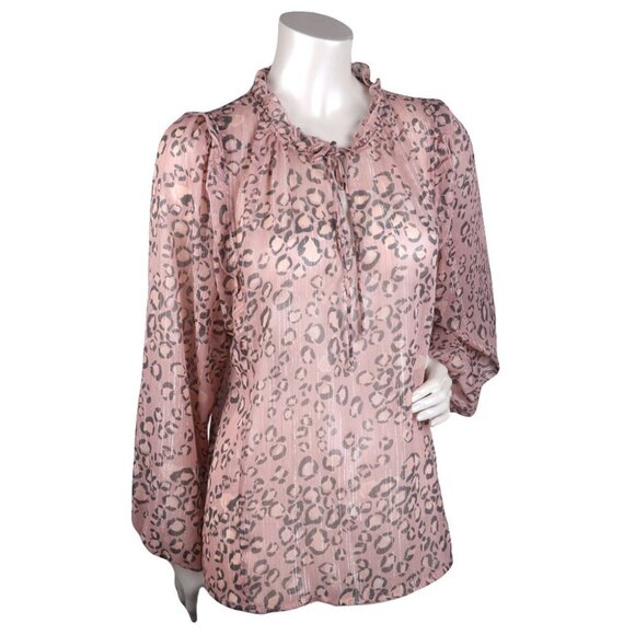 GUEST EDITOR Sheer Leopard Print Blouse Metallic Thread Keyhole Ruffle Neck Pink - Picture 1 of 8